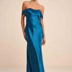 Lulus Alaida Teal Blue Satin Off-the-shoulder Maxi Dress - Size M